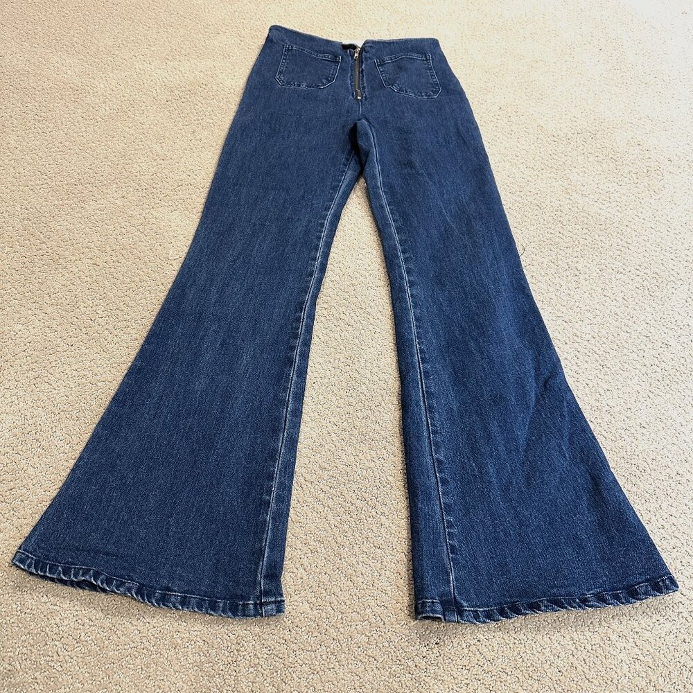 Vestique Jeans High Waist Flare Boho Festival Dark Patch Pockets LARGE #71P1355A